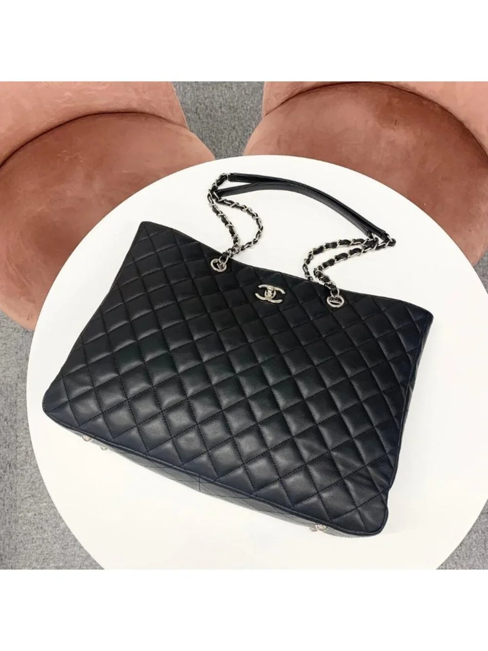 Chanel CC Logo Quilted Lambskin Turnlock Chain Tote